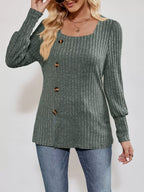 Ribbed Knit Slit Long Sleeve T-Shirt