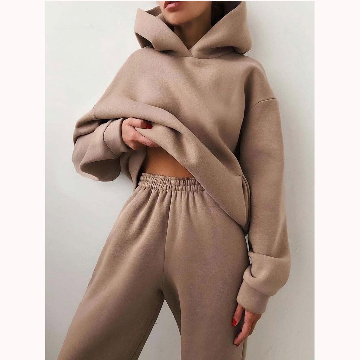 Women's Fashion Casual Hooded Solid Color Two-Piece Suit for Fall & Winter - Available in Khaki, Black, White