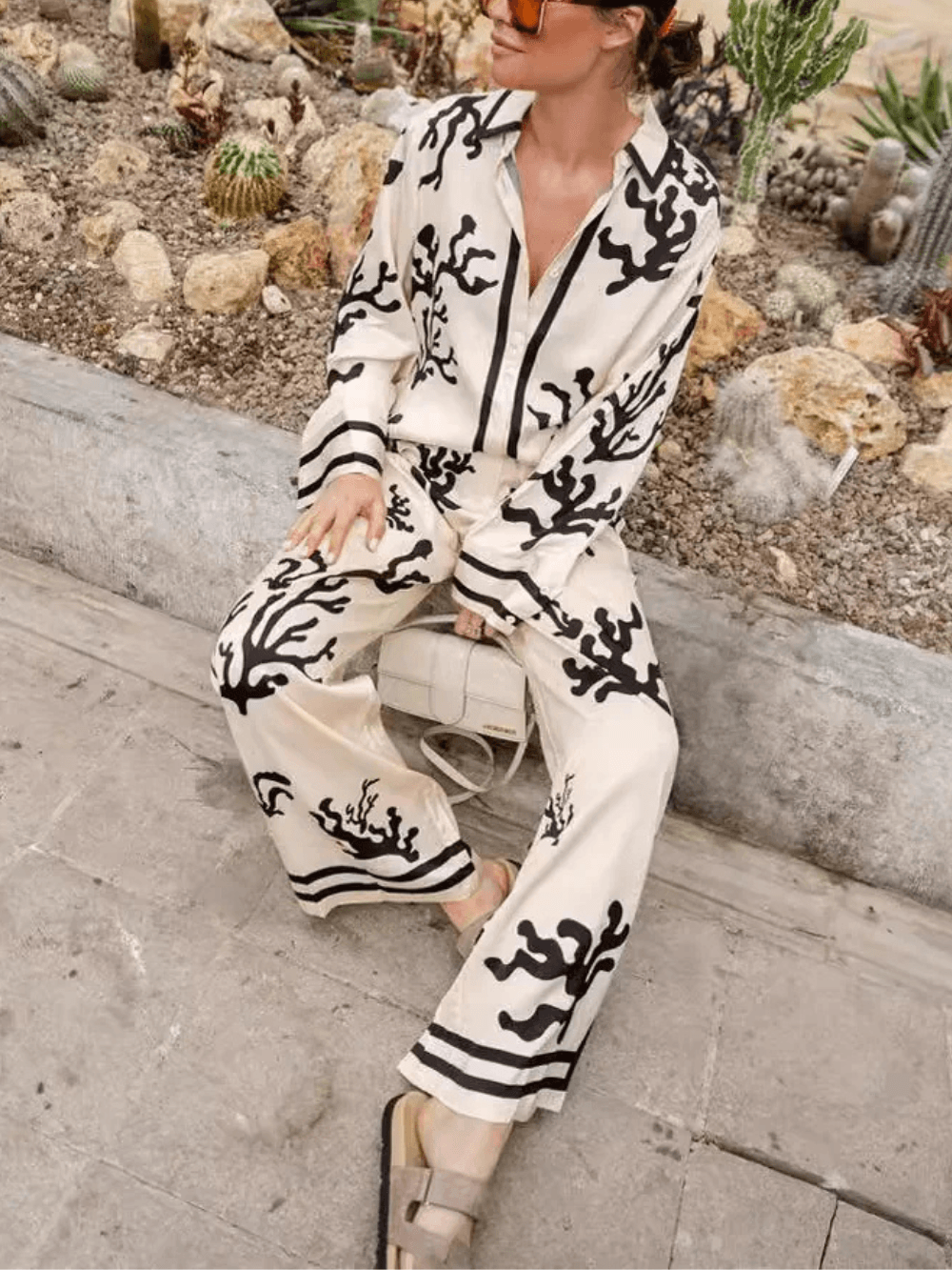 Chic Satin Casual Two Piece Set - Loose Fit, Collared Long Sleeve Top & High Rise Pants