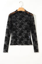 Black Sheer Floral Lace Mesh Mock Neck Long Sleeve Top