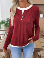 Ribbed Knit Long Sleeve Henley T-Shirt