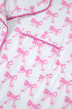 Pink Bowknot Printed Short Sleeve and Ruffled Shorts Pajama Set