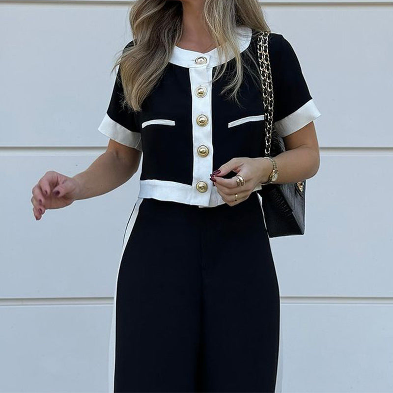 Chic Casual Short Top & Straight-Leg Pants Two-Piece Set for Daily Wear and Outings