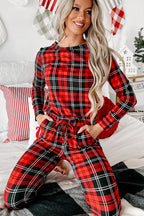 Cozy Red Festive Plaid Print Round Neck Long Sleeve Top & Pants 2 Piece Lounge Set for Women