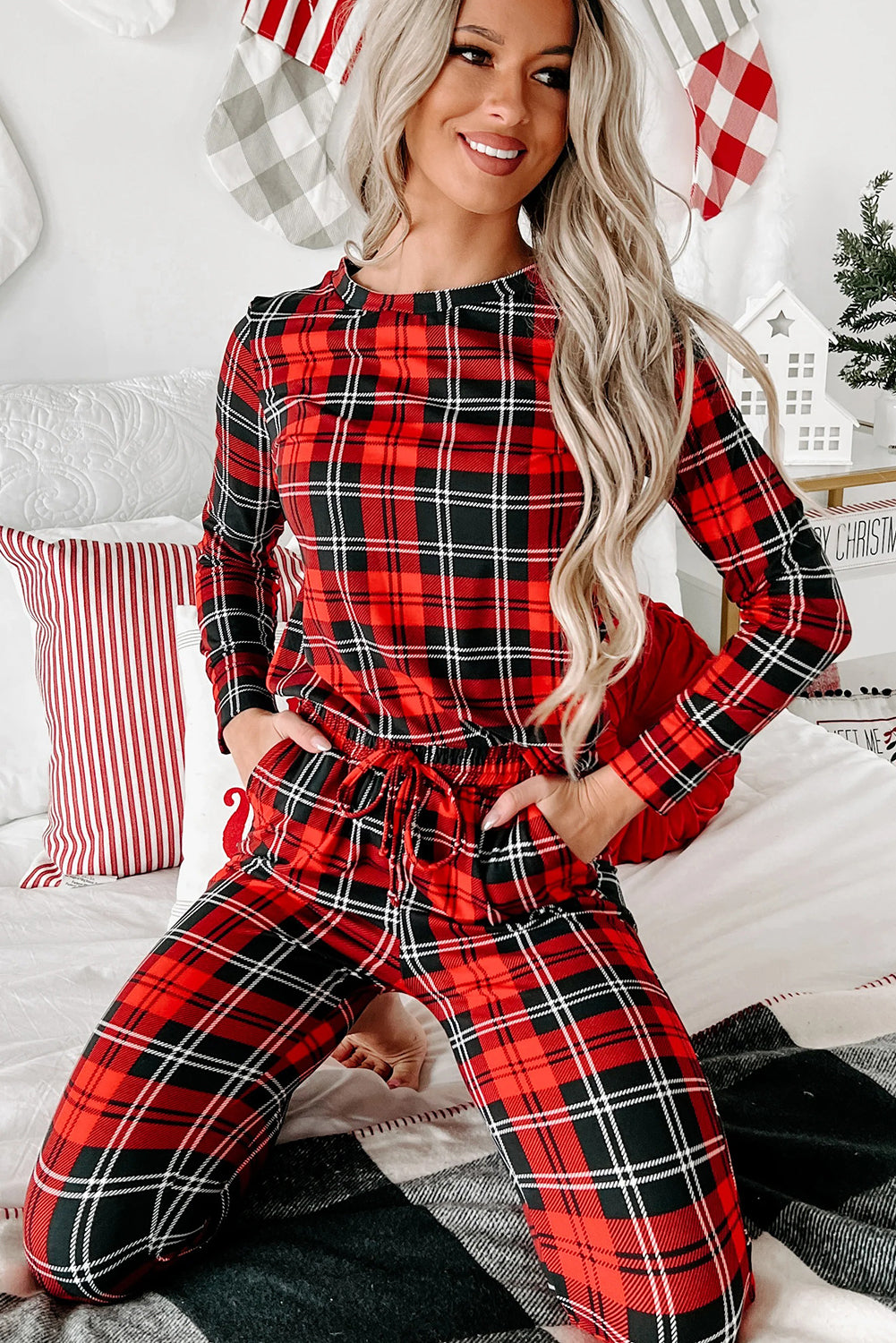 Cozy Red Festive Plaid Print Round Neck Long Sleeve Top & Pants 2 Piece Lounge Set for Women
