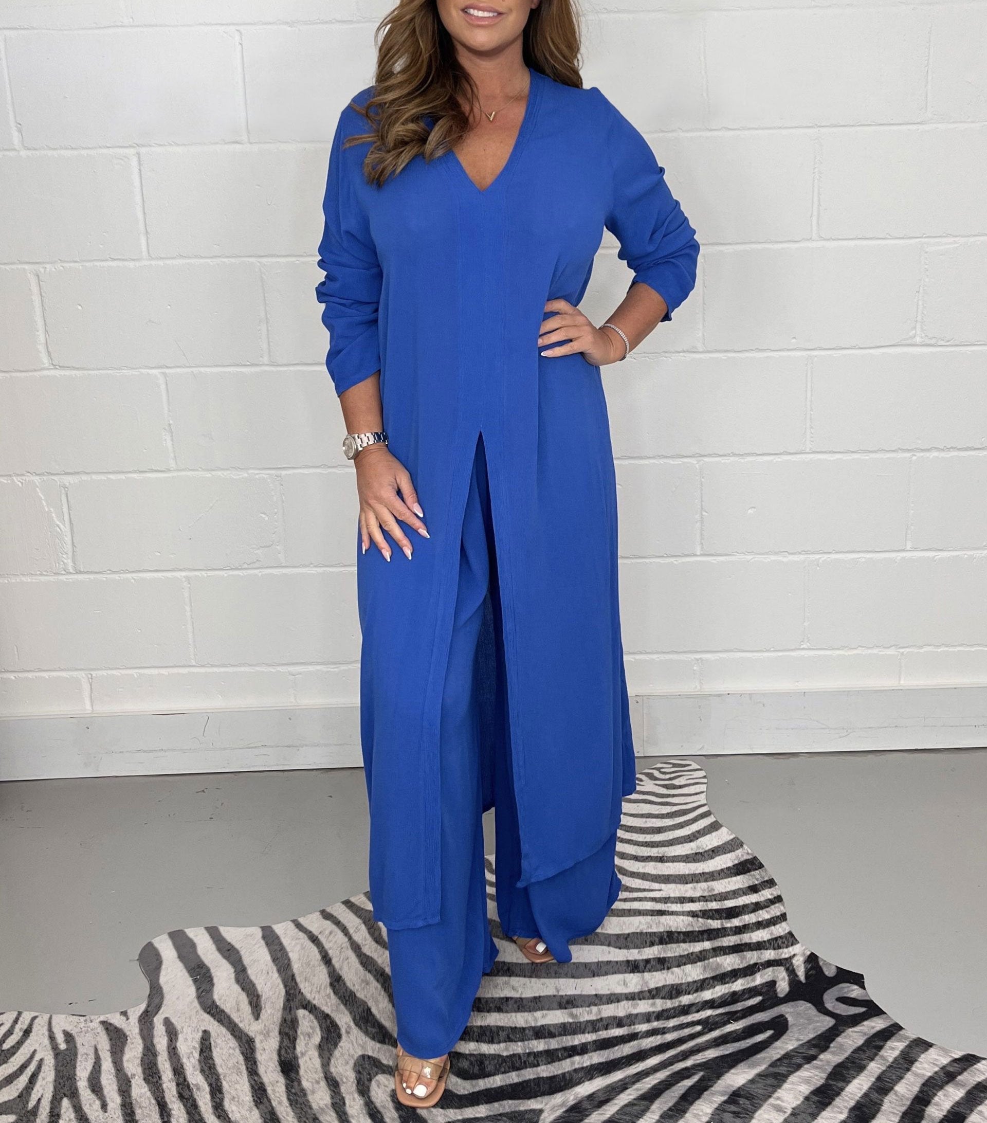 Elegant V-Neck Tie-Front Casual Two-Piece Set: Long Top and Wide-Leg Pants