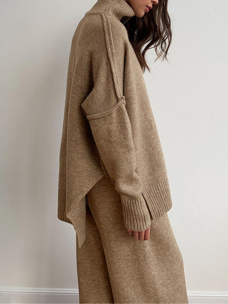 Women's High-Neck Loose Thick Knit Sweater and Pants Set - Cozy & Stylish