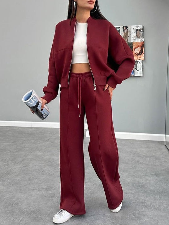 Women's Stylish Zippered Cardigan and Straight Pants Suit - Perfect for Autumn & Winter