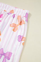 Pink Striped Bow Print Contrast Piping Trim Shirt and Pants 2pcs Pajama Set