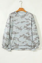 Multicolour Retro Camouflage Print Exposed Seam Patchwork Drop Shoulder Sweatshirt