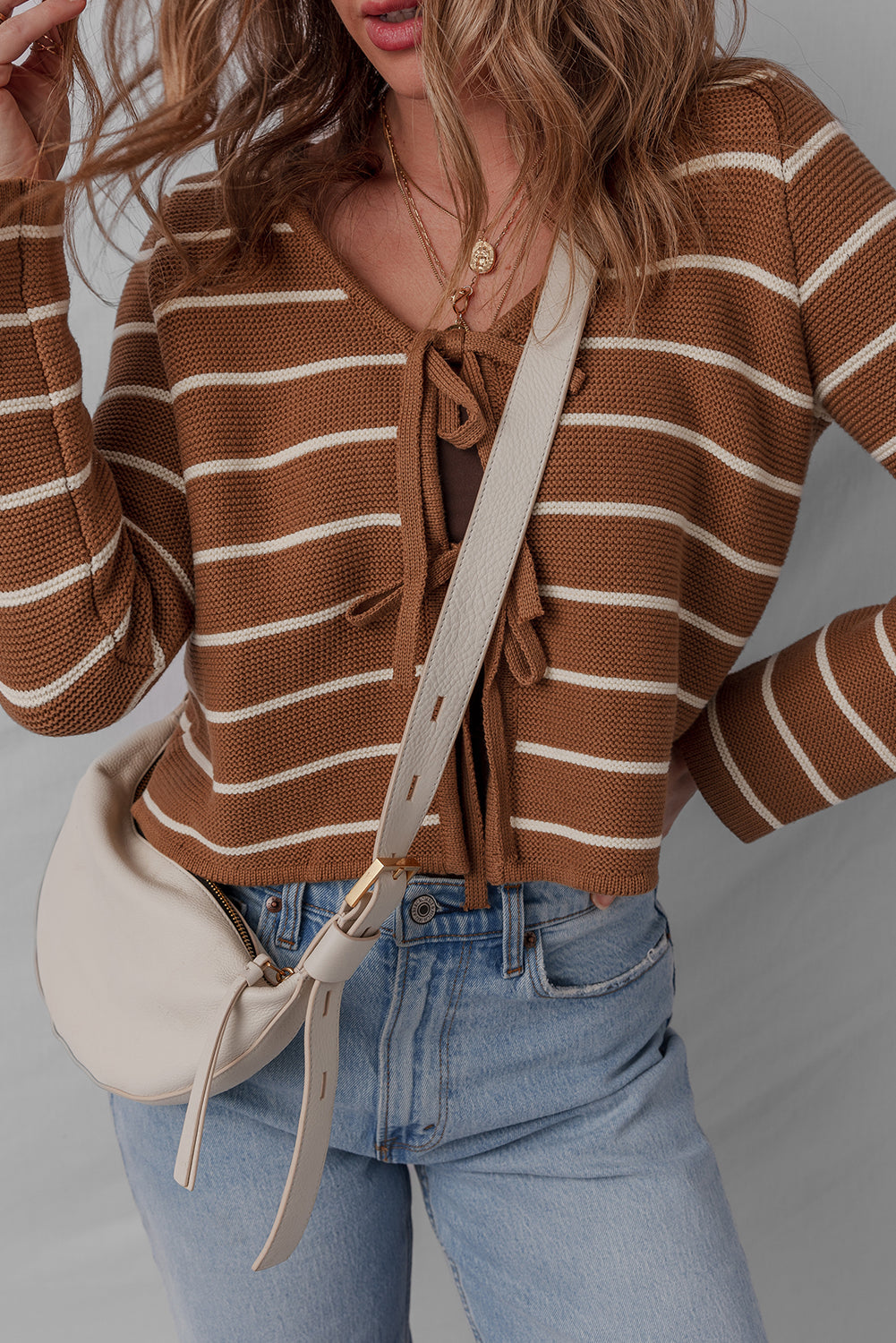 Chestnut Tie Front Striped Knit V Neck Cardigan Sweater