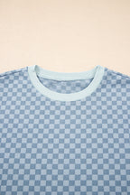 Sky Blue Checkerboard Long Sleeve Pullover and Shorts Set