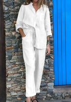 Men's Casual Solid Color V-Neck Cotton Linen Two-Piece Set - Comfortable & Breathable