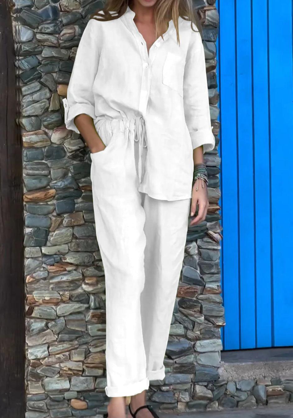 Men's Casual Solid Color V-Neck Cotton Linen Two-Piece Set - Comfortable & Breathable