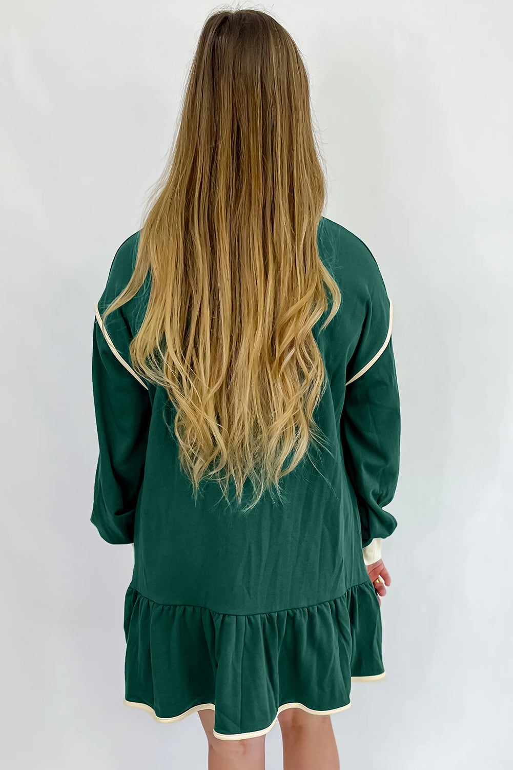 Evergreen Contrast Trim Zip Collar Long Sleeve Ruffle Hem Mini Dress
