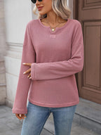 Striped Notched Long Sleeve T-Shirt