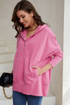 Pink Batwing Sleeve Pocketed Henley Hoodie