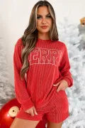 Racing Red "MERRY" Graphic Long Sleeve Top and Shorts Set with Corded Detailing - Casual & Festive Loungewear