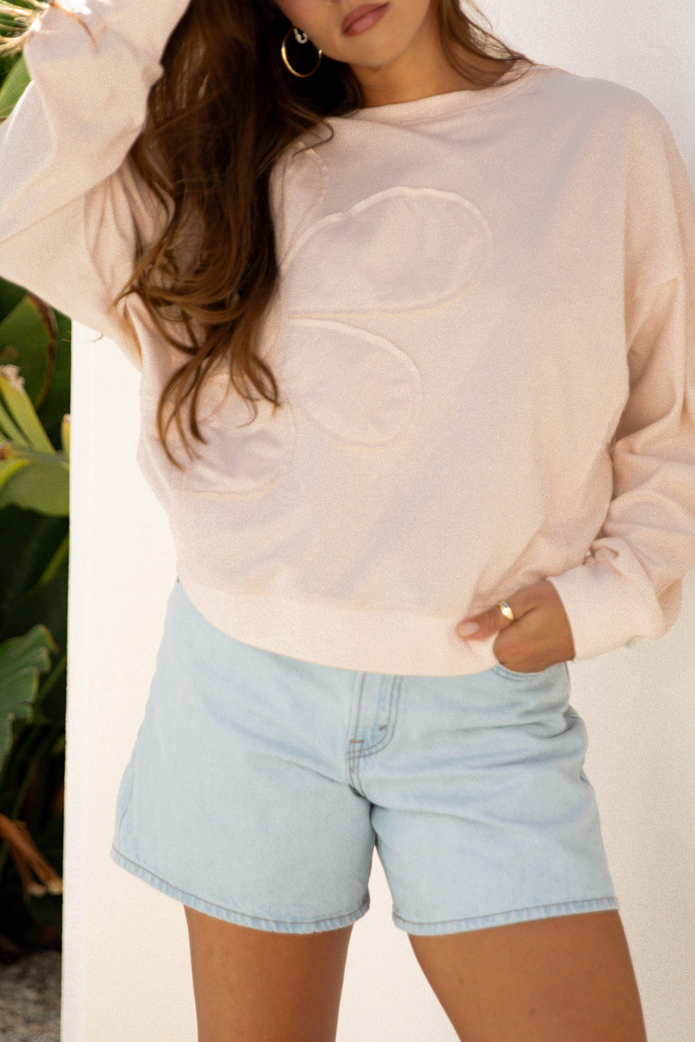 Beige Raw Edge Flower Patch Drop Shoulder Casual Top