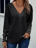 Eyelet V-Neck Long Sleeve T-Shirt