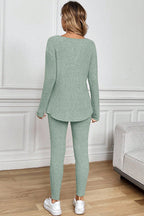 Grass Green Ribbed Notched Neck Knit Long Sleeve Leggings Two Pieces Lounge Set