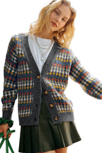 Gray Dotty Pattern Knit Button Front V Neck Sweater Cardigan