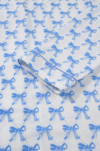 Sky Blue Bow Print Long Sleeve Shirt & Pants Pajama Set - Soft & Cozy Sleepwear for Women