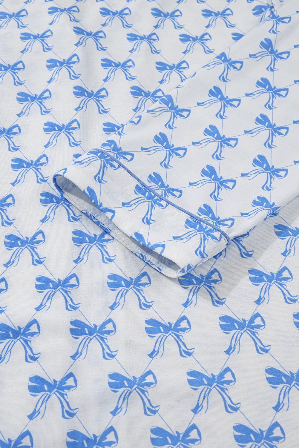 Sky Blue Bow Print Long Sleeve Shirt & Pants Pajama Set - Soft & Cozy Sleepwear for Women