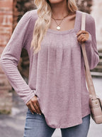 Pleated Square Neck Long Sleeve T-Shirt