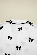Elegant White Bows Print Two-Piece Sleepwear Set - Long Sleeve Collar Top & High Waist Pants