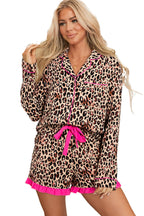 Light French Beige Leopard Print Contrast Trim Long Sleeve Shirt Drawstring Ruffle Hem Short Set