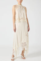 Elegant Lace Pleated Collar Sleeveless Top with Irregular Slit Satin Skirt Set - Perfect for Parties and Vacations