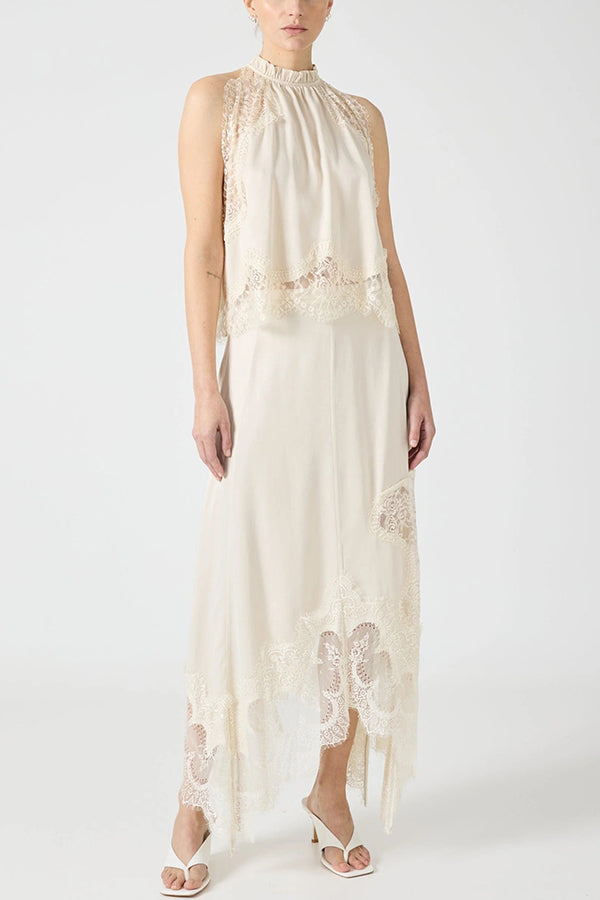 Elegant Lace Pleated Collar Sleeveless Top with Irregular Slit Satin Skirt Set - Perfect for Parties and Vacations