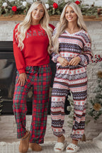 Festive Red Plaid Mama Graphic Christmas Holiday Crewneck Pullover and Pants Two-Piece Lounge Set
