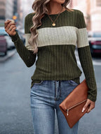 Color Block Ribbed Knit Long Sleeve T-Shirt