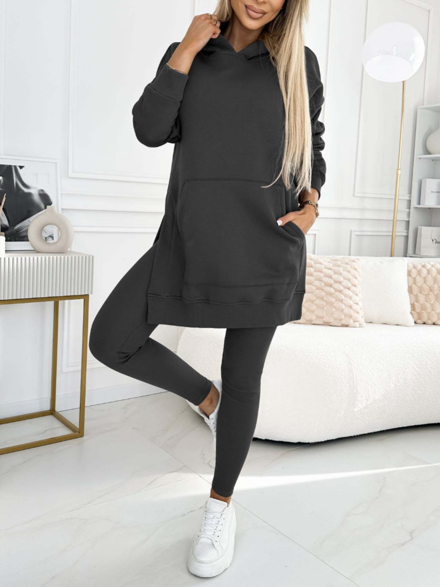 Cozy & Stylish: Women's Fashion Solid Color Hoodie and Lined Leggings Two-Piece Set for Spring/Fall