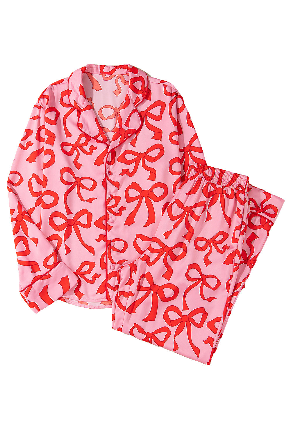 Chic Pink 2-Piece Bow Print Shirt Style Long Sleeve Pajama Set for Women