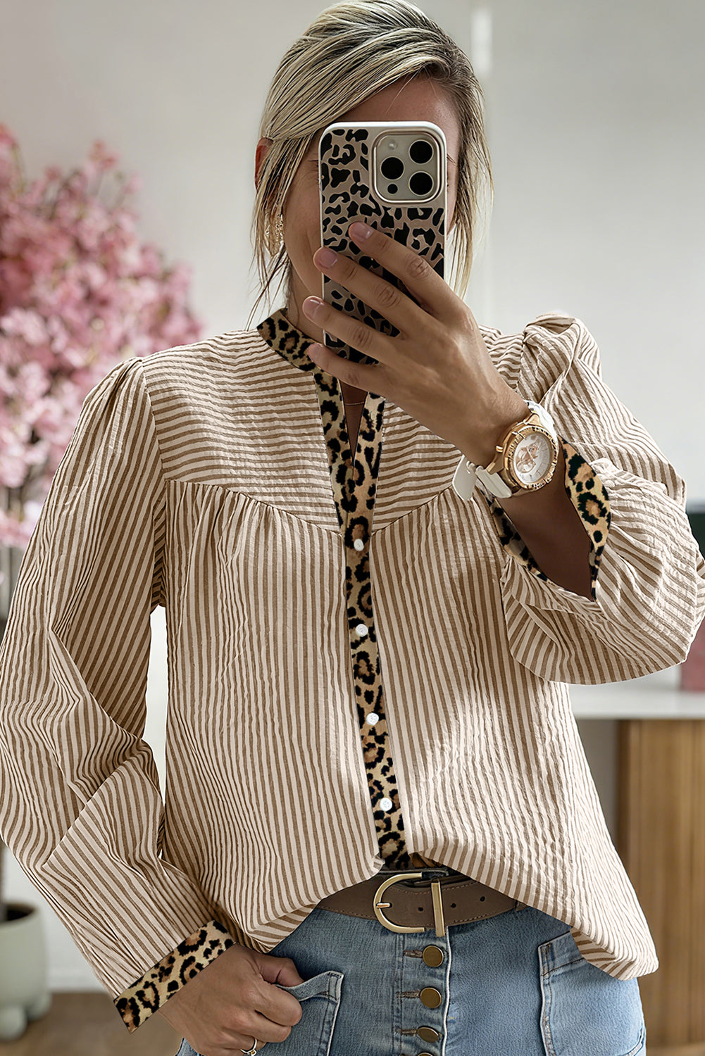 Brown Stripe Leopard Patchwork Long Sleeve Shirt