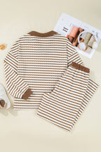 Khaki Stripe Collared Pullover Top and Drawstring Pant Set