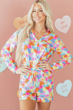 Pink Valentines Candy Heart V Neck Collared Tunic Shirt and Shorts 2pcs Pajama Set for Women