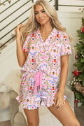 Festive Pink Nutcracker Doll Christmas Pajama Set - 2 Piece Ribbon Tie Waist Short Sleepwear for Women