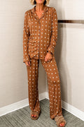 Brown Polka Dot Print Long Sleeve Shirt and Pant 2-Piece Pajama Set for Women - Comfortable Sleepwear
