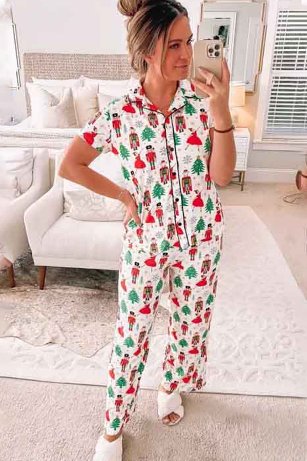 Cozy White Printed Christmas Pattern Button-Up Sleepwear Set - Short Sleeve Top & Loose Pants