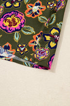 Green Floral Print Split Neck Bubble Sleeve Shift Mini Dress