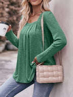 Pleated Square Neck Long Sleeve T-Shirt