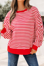 Red Stripe Exposed Seam Drop Shoulder Casual Pullover Top