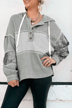 Gray Waffle Printed Patchwork Drawstring Hooded Long Sleeve Top