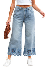Dusk Blue Embroidered Cropped Wide Leg High Waist Jeans