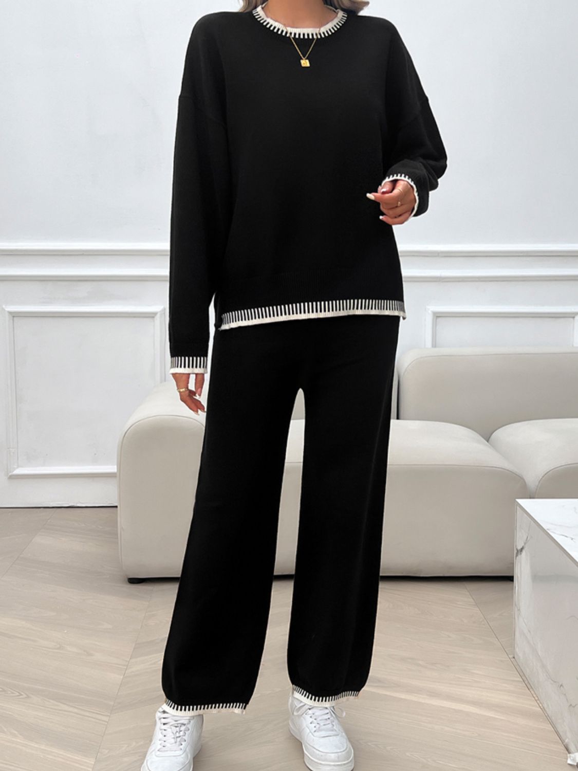 Blue Zone Planet |  Round Neck Dropped Shoulder Top And Pants Sweater Set