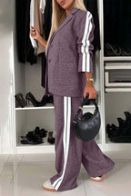 Chic Contrast Lapel Collar Buttoned Top and Pocketed Pants Two-Piece Set - 100% Polyester